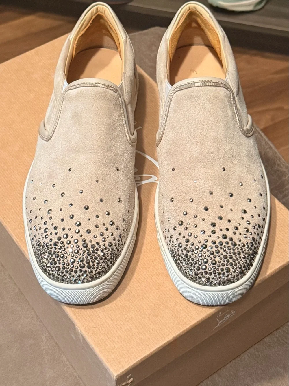 Christian Louboutin Beige Suede Slip-On Sneakers with Studded Toe